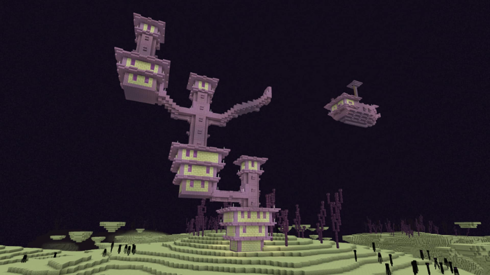 A screenshot of an End city in Minecraft, standing in a desert floating in black space.