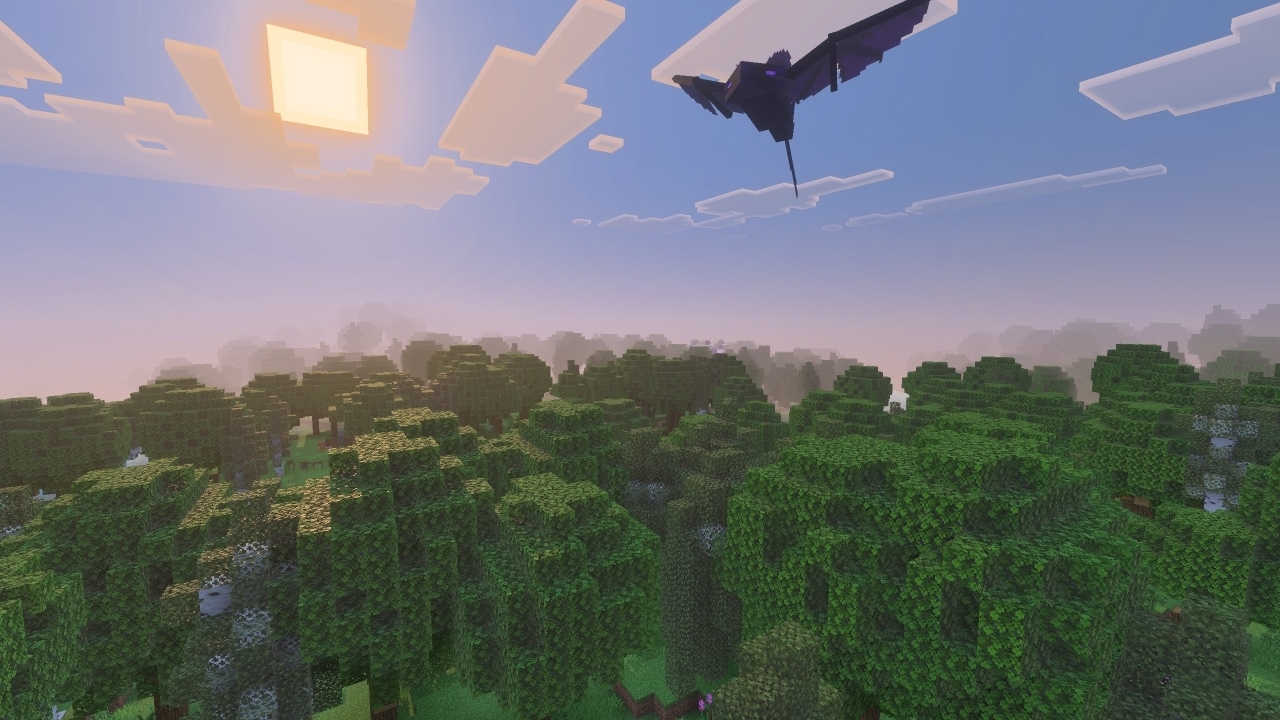A large bat‑like creature flies above a dense forest canopy as the sun sets in a hazy sky