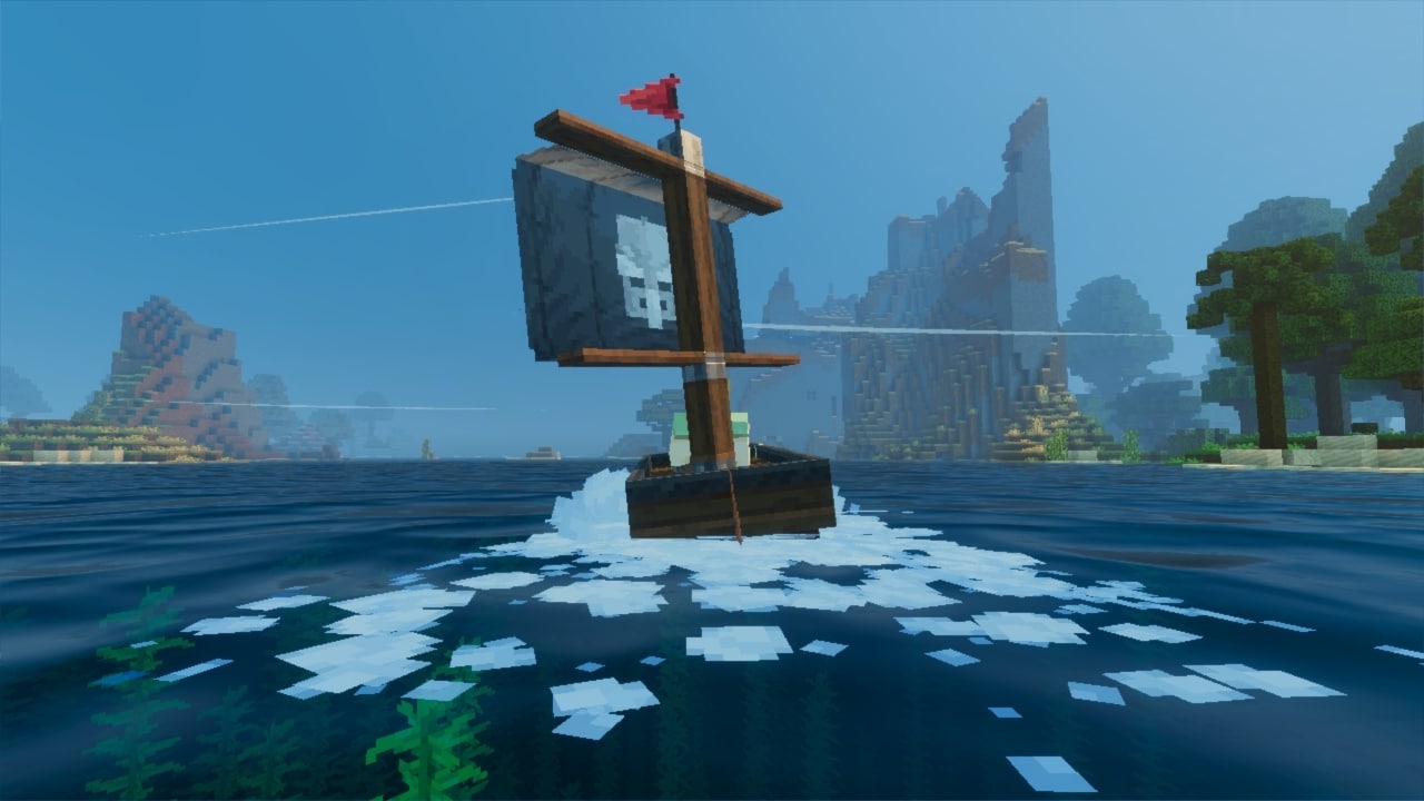 A small pirate sailboat with a skull marked sail cuts through open water toward towering rocky cliffs under a clear blue sky