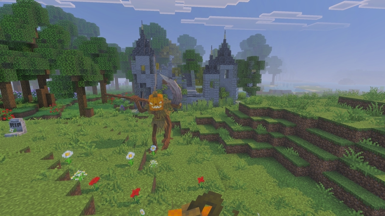 A pumpkin‑headed scarecrow creature stands in a grassy field near crumbling stone ruins and forest trees