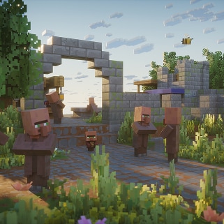 Minecraft-landsbyboere står ved nogle overgroede bygninger.