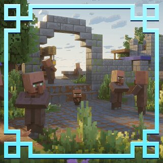 Minecraft villagers stand around an overgrown structure.