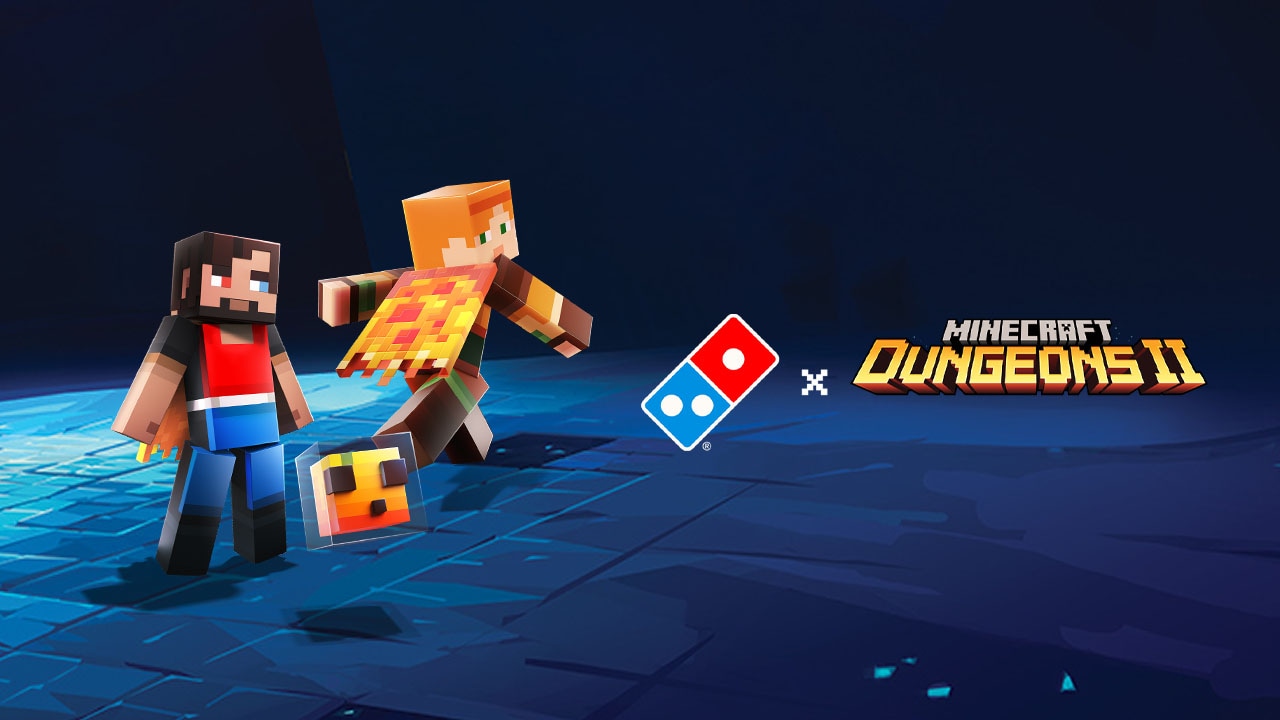 Alex, a Dungeons II player, and a Cheesy Cube pet standing in a dark room with a blue floor, wearing cosmetics from the Domino's x Minecraft collab.