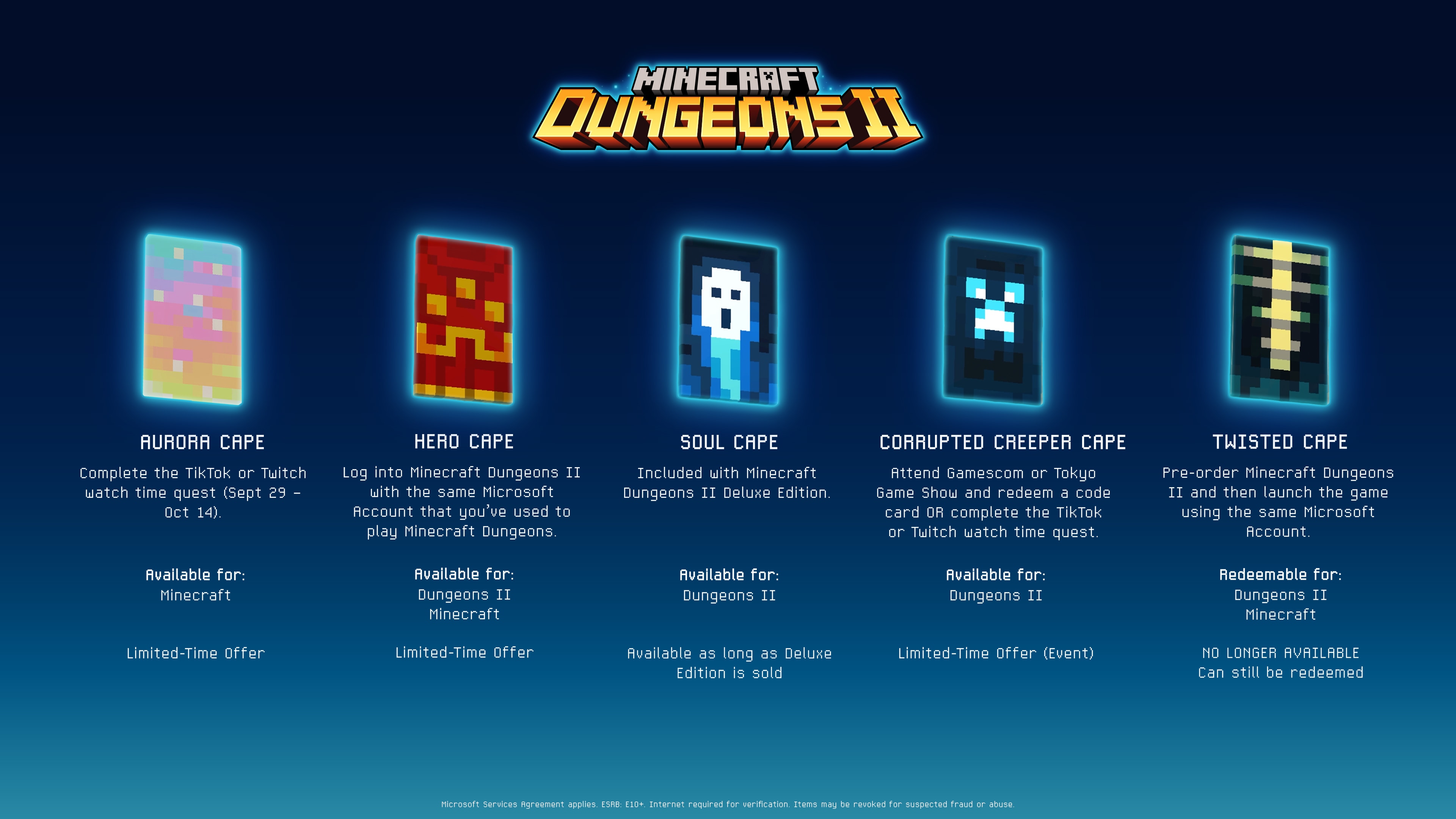 A presentation of five different capes tied to Minecraft Dungeons II, presented on top of a blue background.