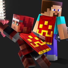 The Minecraft characters Valorie and Steve, wearing Hero Capes, facing different directions on a black background.
