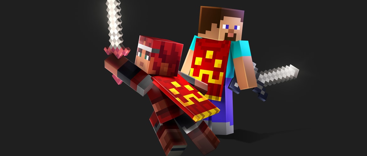 The Minecraft characters Valorie and Steve on a black background, each holding a sword and wearing hero capes, facing different directions.