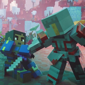 Two Minecraft Dungeons II players in the Sift dimension, one helping the other get up from the ground.