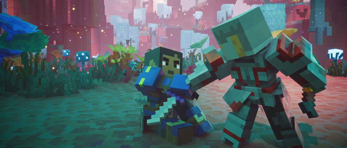 Two Minecraft Dungeons II players in the Sift dimension, one helping the other get up from the ground.
