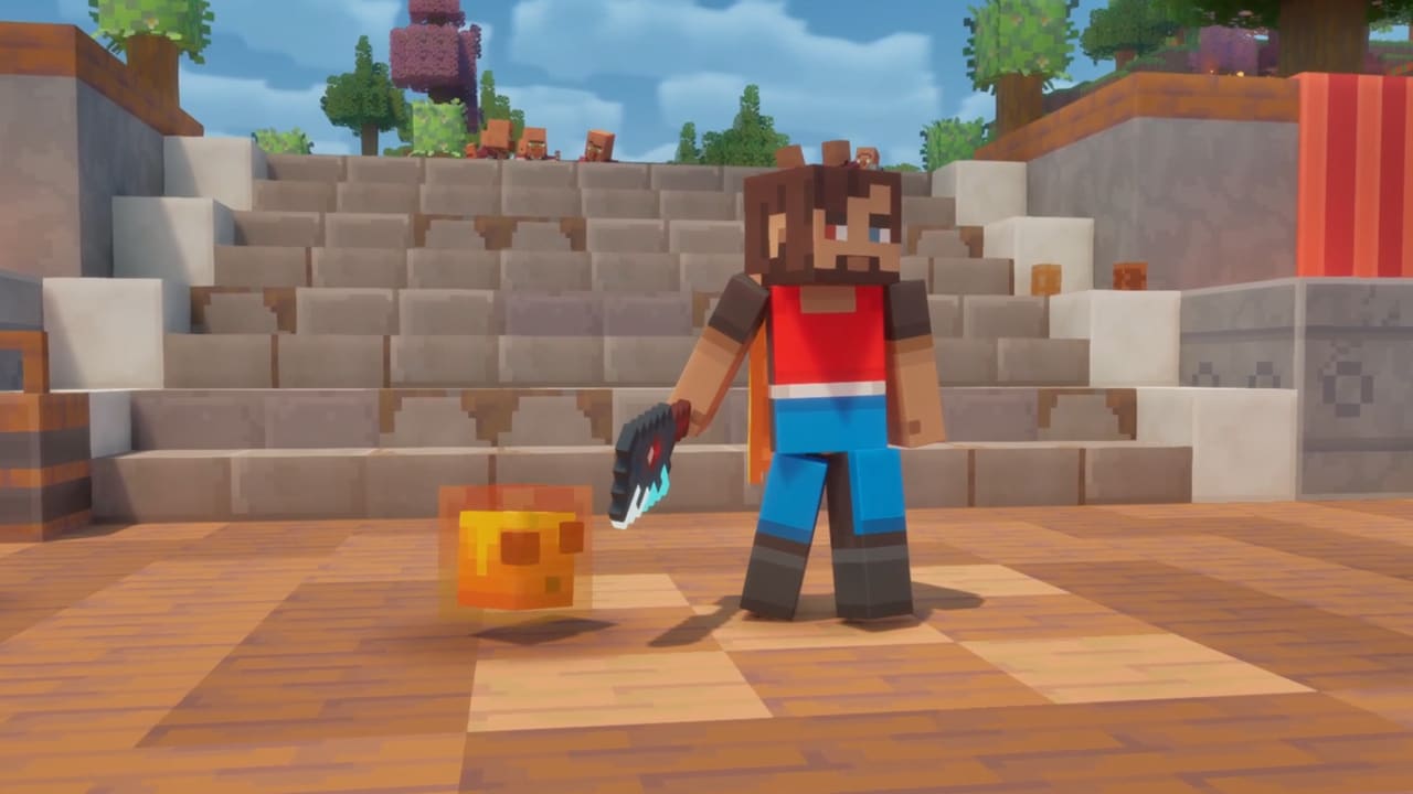 A Minecraft Dungeons II player standing in Brave Haven, while showcasing their Domino's Skin and Cheesy Cube pet