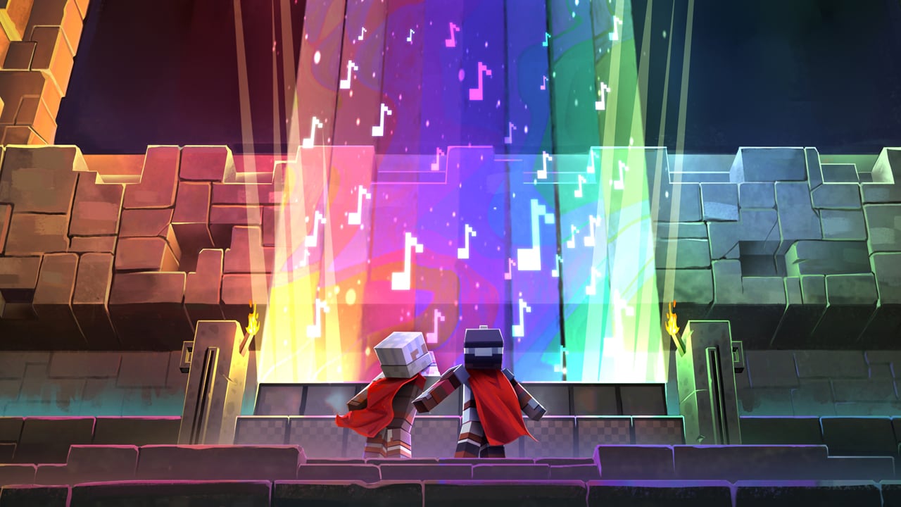 Two characters standing in front of a collection of note blocks that have been lit up in the colors of a rainbow.