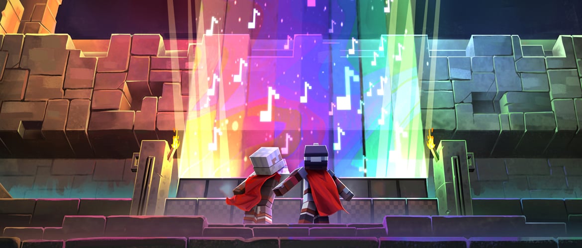 Two Dungeons II heroes, standing in front of a collection of note blocks that have lit up in the color of the rainbow, with notes rising up from them.