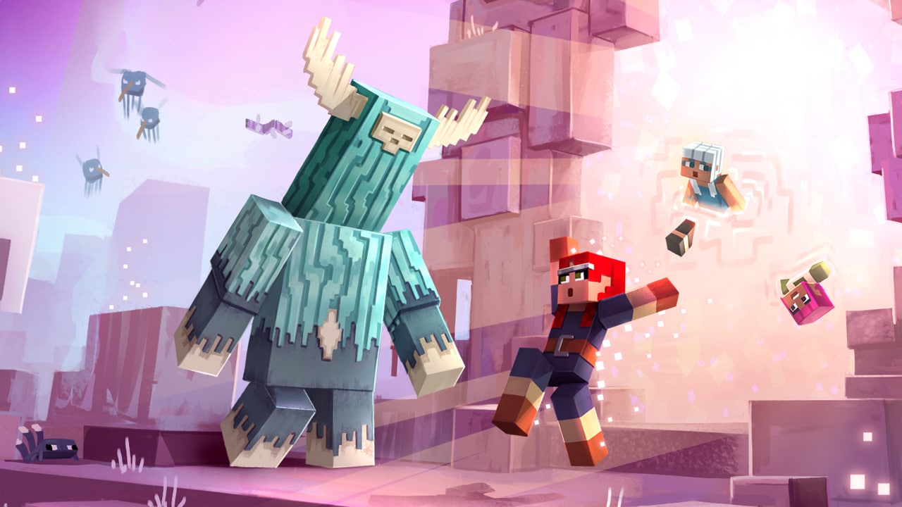 A piece of concept art from Minecraft Dungeons II, portraying the character Valorie in the Sift, surprised by seeing a singer mob.
