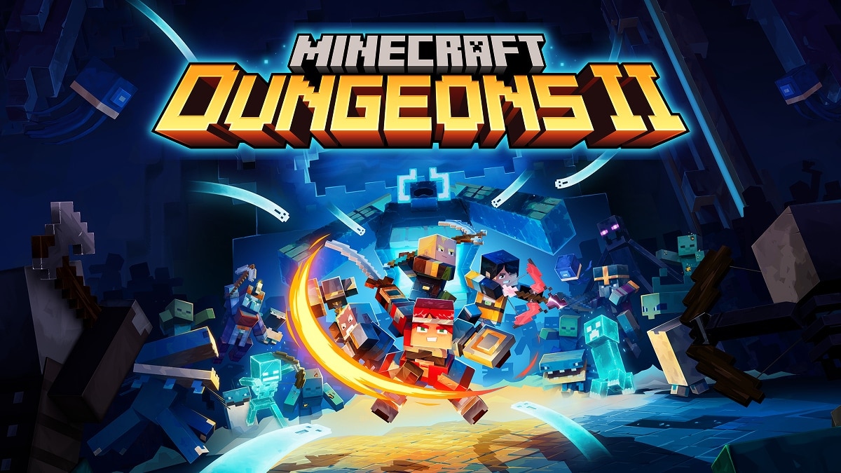 Minecraft Dungeons II logo above heroes battling monsters in a glowing blue dungeon.