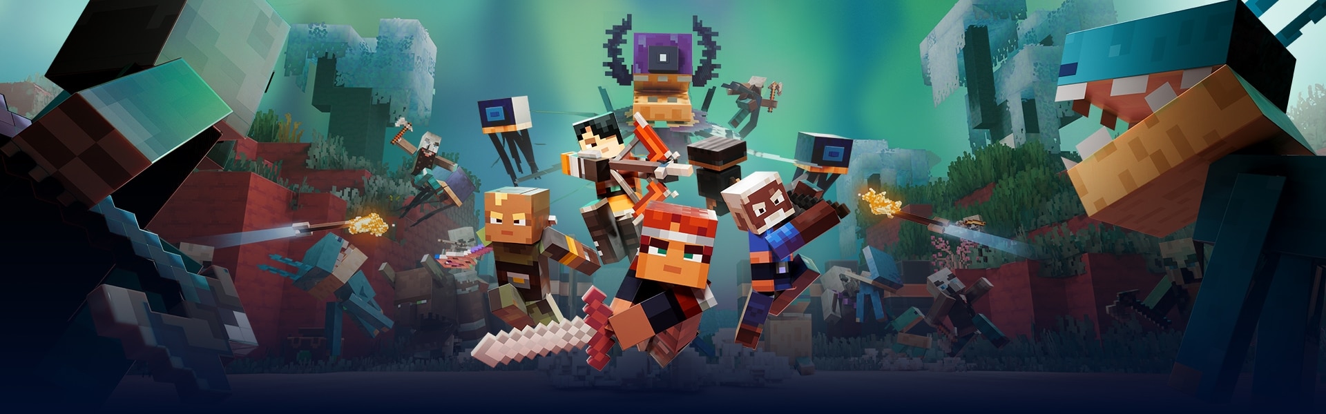 Key art for Minecraft Dungeons II showing a party of blocky heroes charging into battle against skeletons and other mobs in a coral-covered underwater ruin