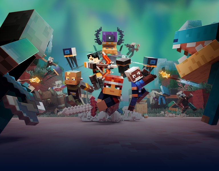 A group of four brave blocky heroes leaps forward together to fight off a huge army of monsters in a colorful forest.