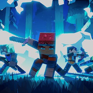 Four heroes wield an assortment of weapons in dynamic action poses as a bright explosion erupts behind them.