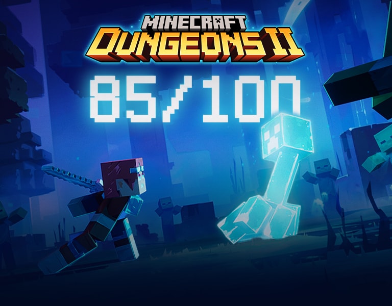 Beneath the Minecraft Dungeons II logo and an 85/100 score, a hero swings a sword at a glowing creeper as zombies approach from all sides.