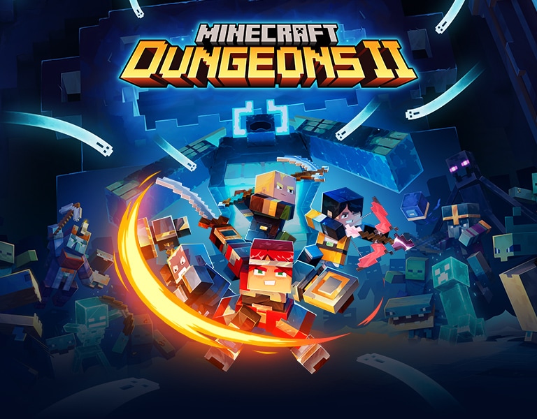 Minecraft Dungeons II logo above heroes battling monsters in a glowing blue dungeon.