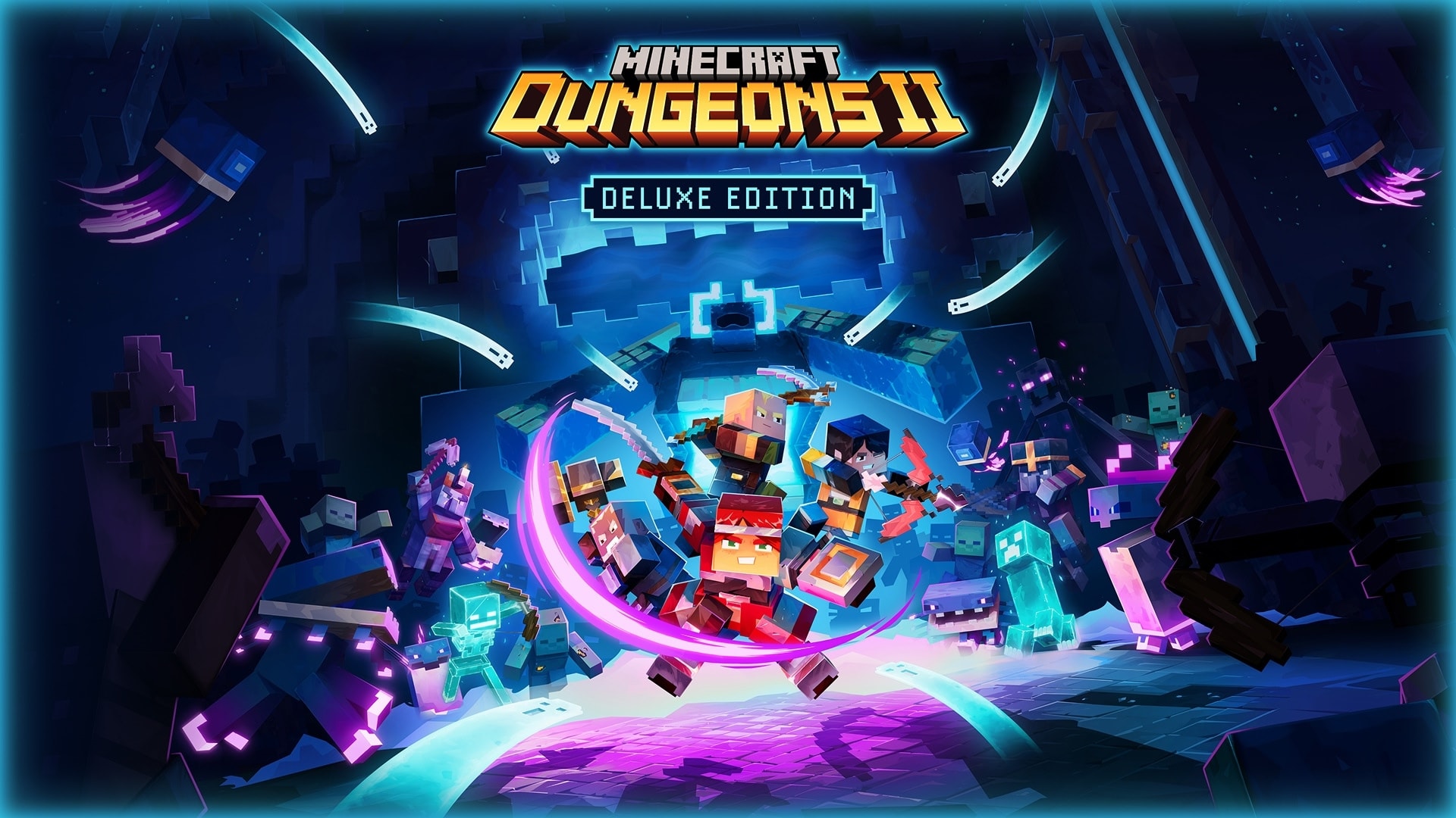 Minecraft Dungeons II Deluxe Edition logo above heroes battling monsters in a glowing blue dungeon.