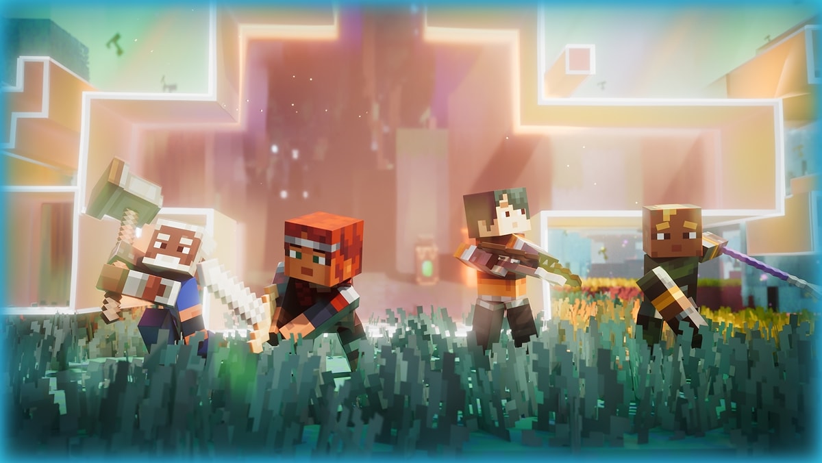 Four Minecraft Dungeons II heroes exploring the bright, mysterious Sift dimension