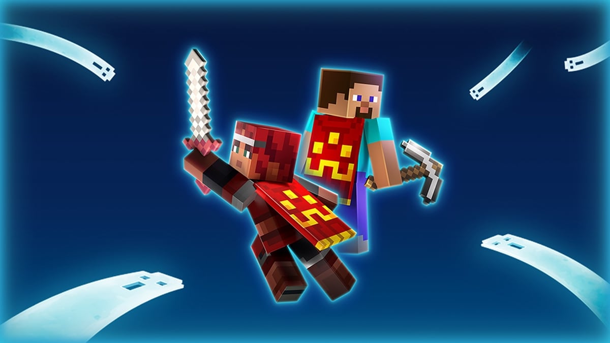 Minecraft Dungeons II heroes wearing the Hero Cape, as flying souls float around them.
