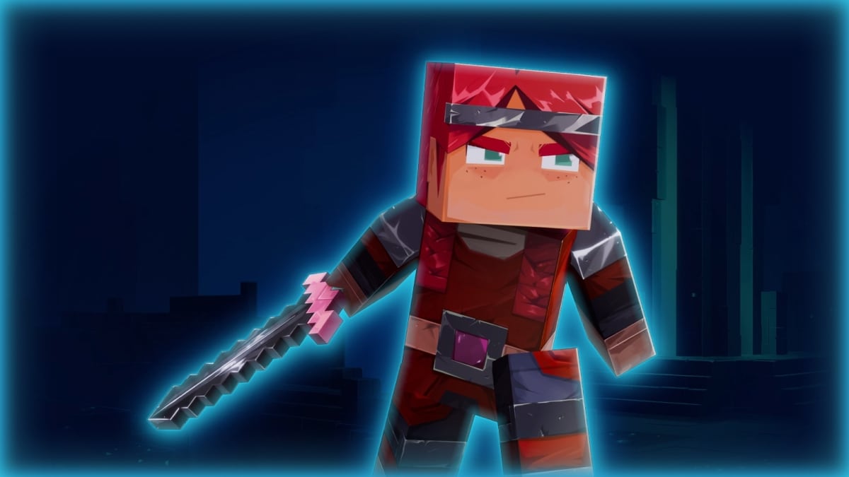 Minecraft Dungeons II hero holding a sword in a dark blue environment