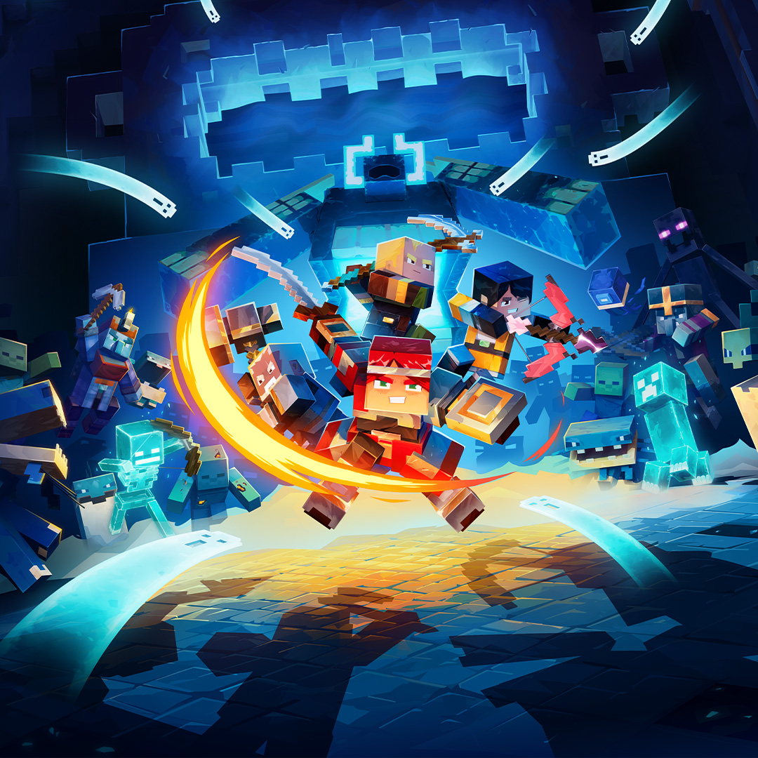 四位 Minecraft 英雄在泛着蓝光的竞技场中与成群的敌对生物激战。
