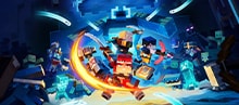 四位 Minecraft 英雄在泛着蓝光的竞技场中与成群的敌对生物激战。