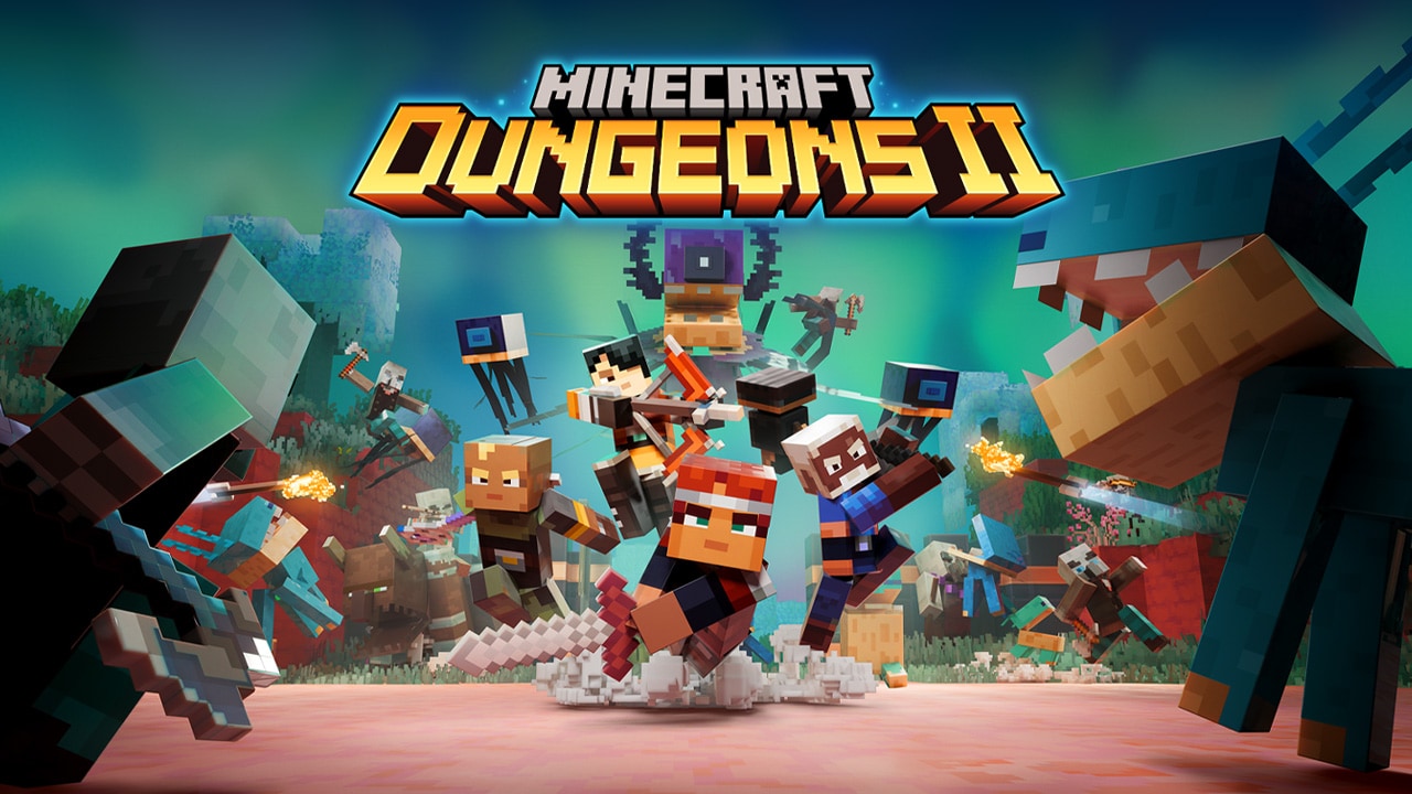 Four Minecraft Dungeons II heroes fighting a variety of hostile mobs in the Sift