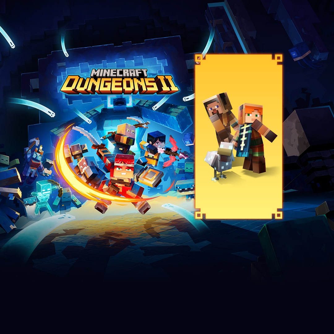 Minecraft Dungeons heroes battle through a glowing blue dungeon, with two characters and a chicken featured in a yellow inset panel.