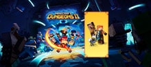 Minecraft Dungeons heroes battle through a glowing blue dungeon, with two characters and a chicken featured in a yellow inset panel.