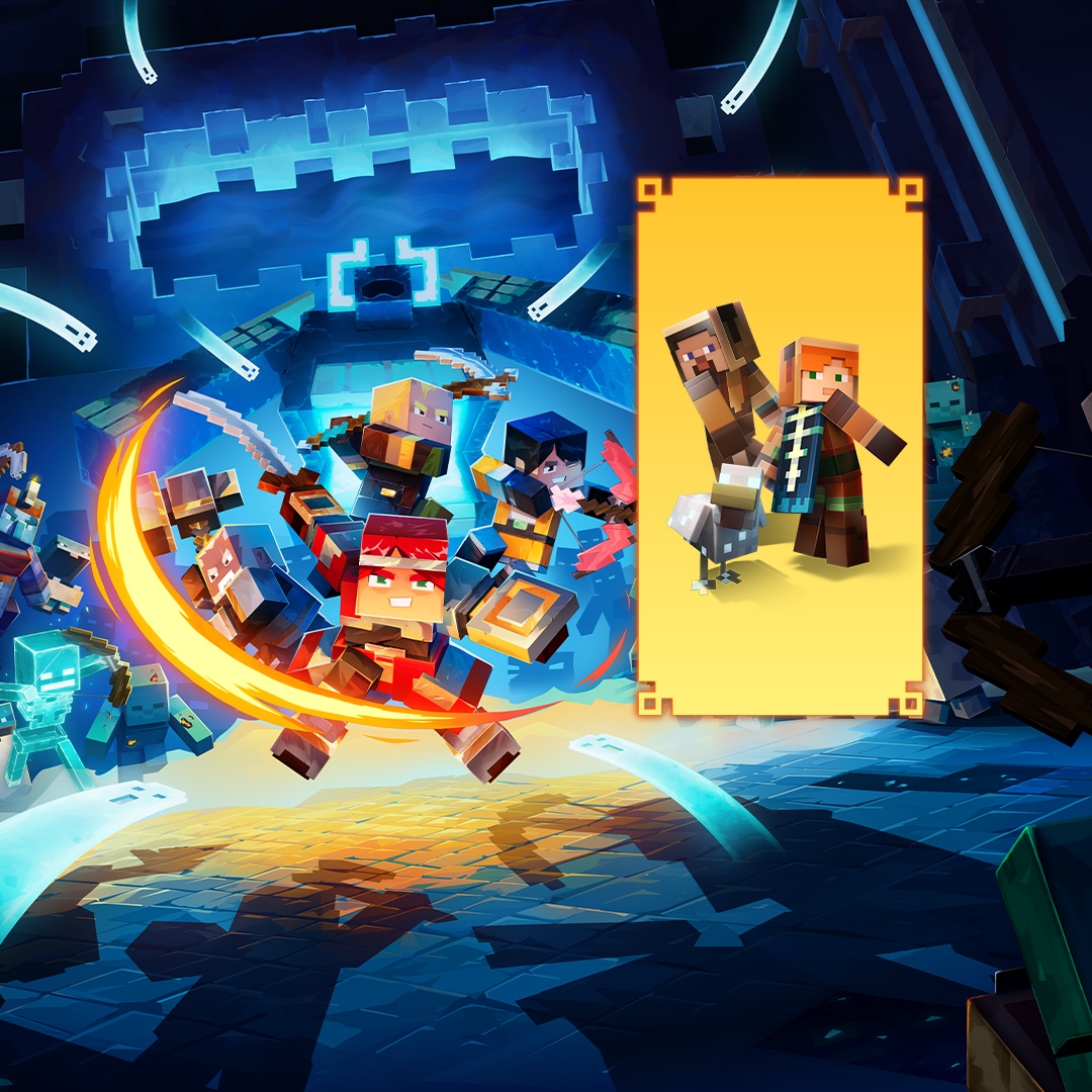 Minecraft Dungeons 2 pre-order bonus banner with game logo, characters, and chicken on yellow background.