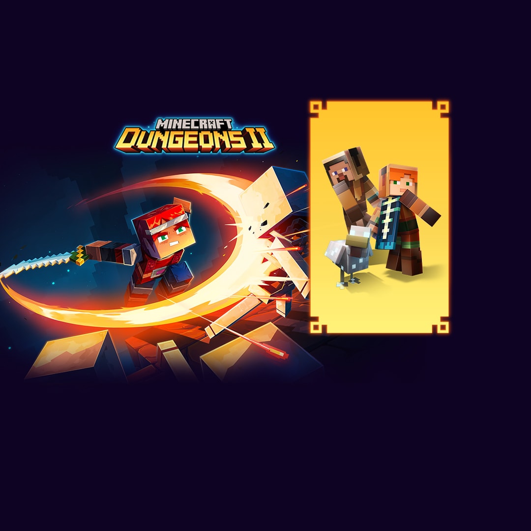 Minecraft Dungeons II artwork showing a hero slashing through enemies with a sword, with two characters and a chicken featured in a yellow inset panel.