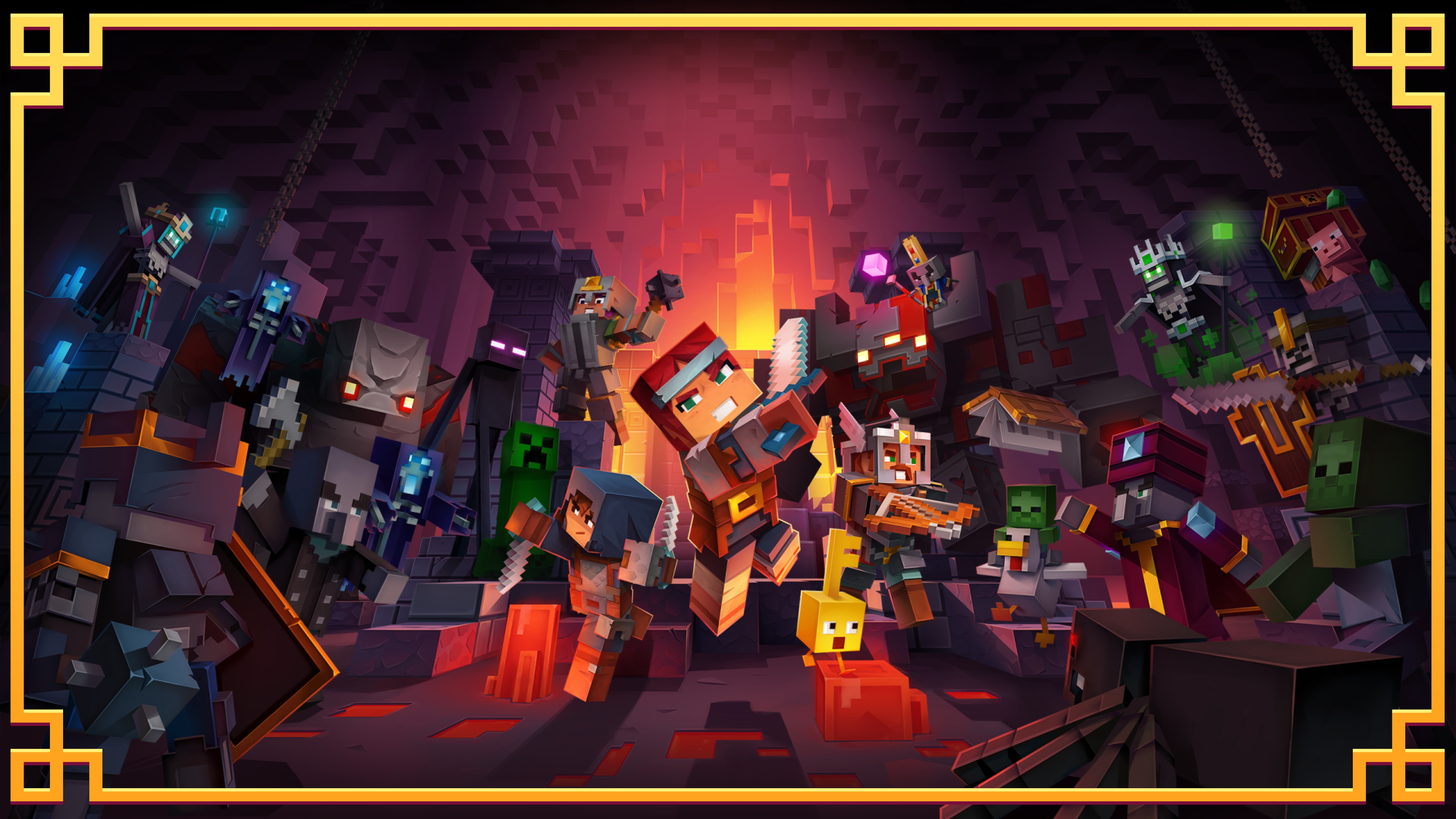 Promotional art for Minecraft Dungeons II showing a large group of heroes and familiar Minecraft mobs, including a creeper, an enderman, and skeletons, gathered in a torch-lit cavern