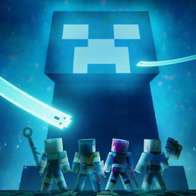 Four heroes standing in front of a giant blue creeper.