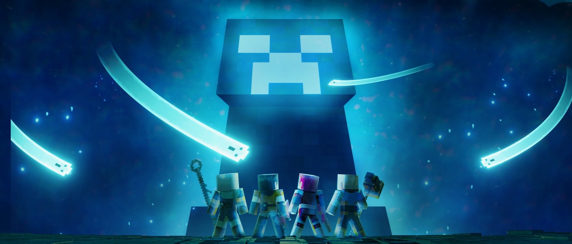 Four heroes from Minecraft Dungeons II, standing in front of a giant blue creeper with souls flying around it.
