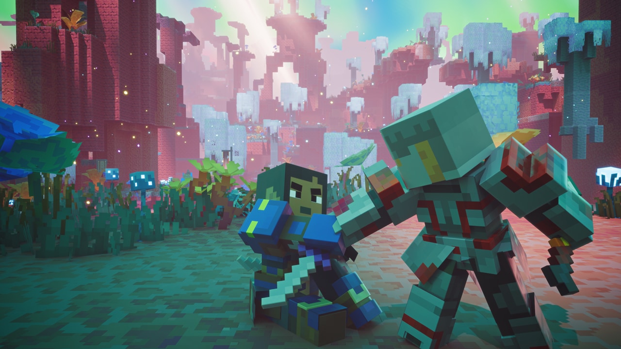 Two heroes, one helping the other up. A beautiful vista of the Sift can be seen in the background.