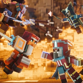 Valorie jumping through the air while attacking the Illager High Council with a sword.