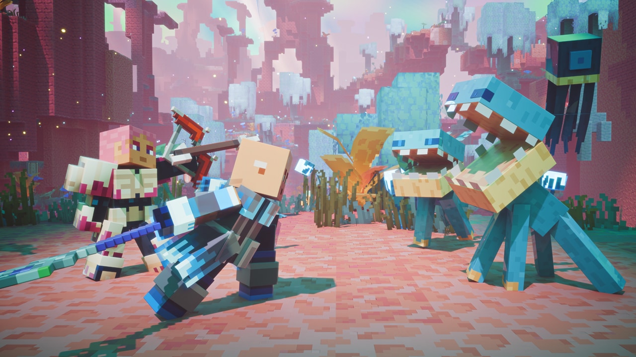 Two heroes facing two sifter hostile mobs in a colorful landscape.