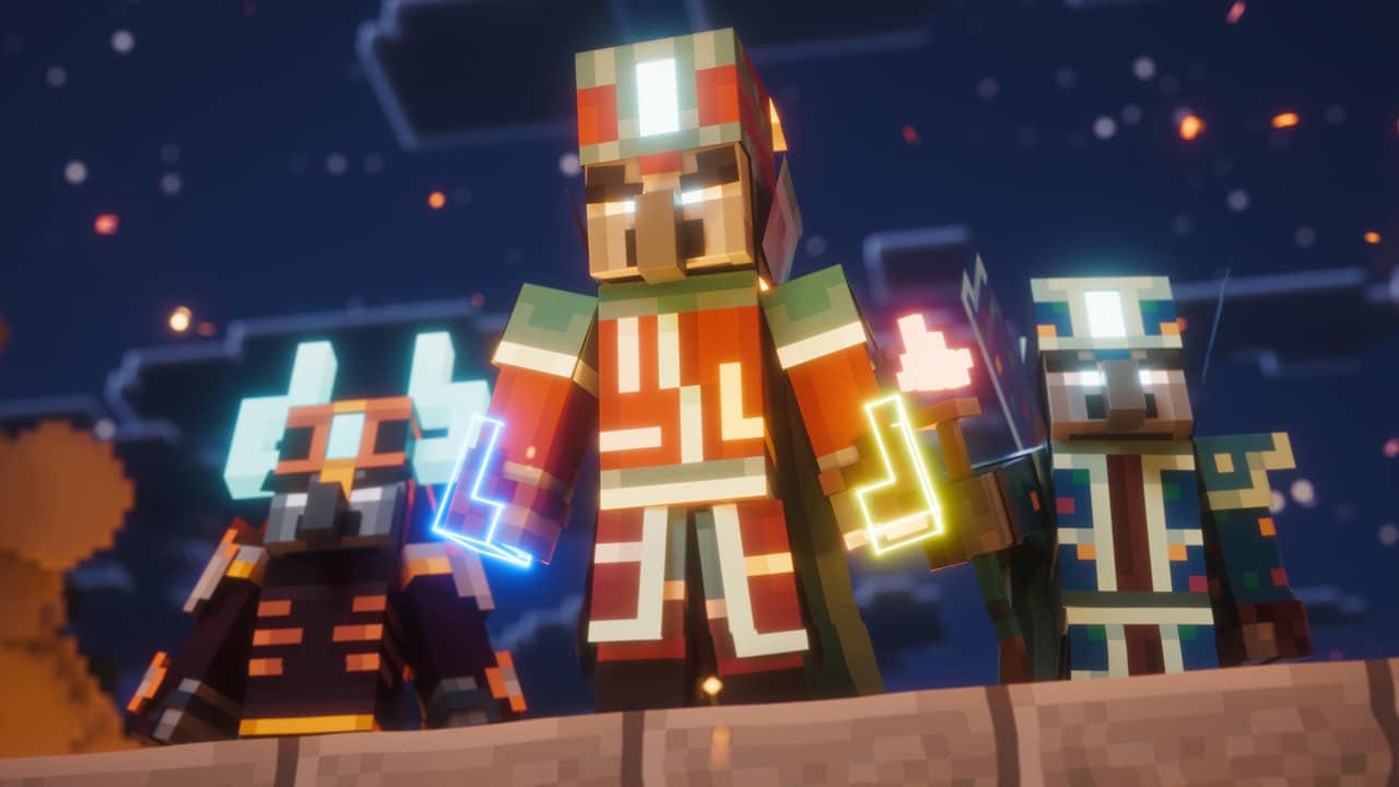 The Illager High Council facing the viewer while a fire is burning below them out of frame.