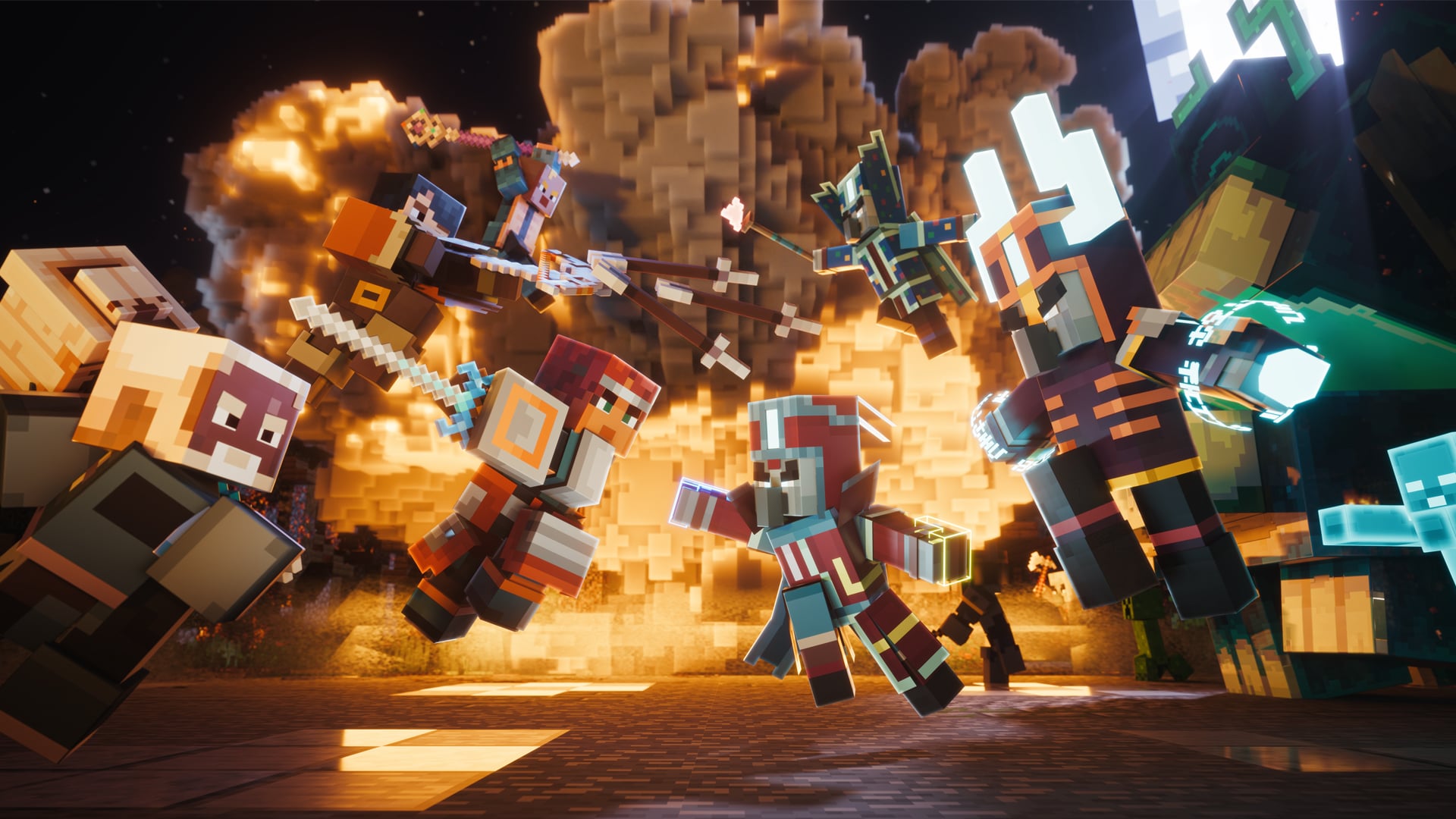 Four Dungeons II heroes battling the Illager High Council, the background exploding behind them.