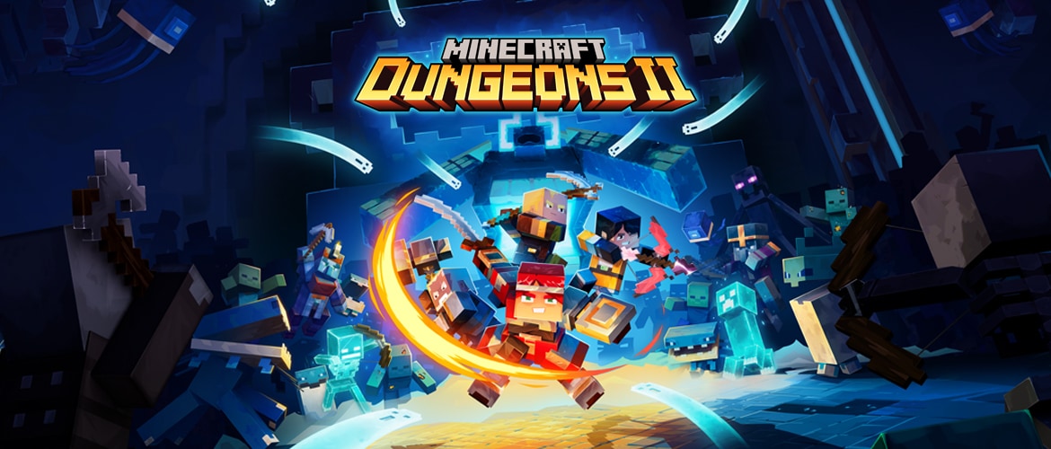 Four confident heroes, each wielding a unique weapon, surrounded by an army of hostile mobs in a dark surrounding.