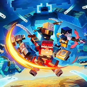 Four brave heroes, each holding a unique weapon while being surrounded by hostile mobs in a dark setting.
