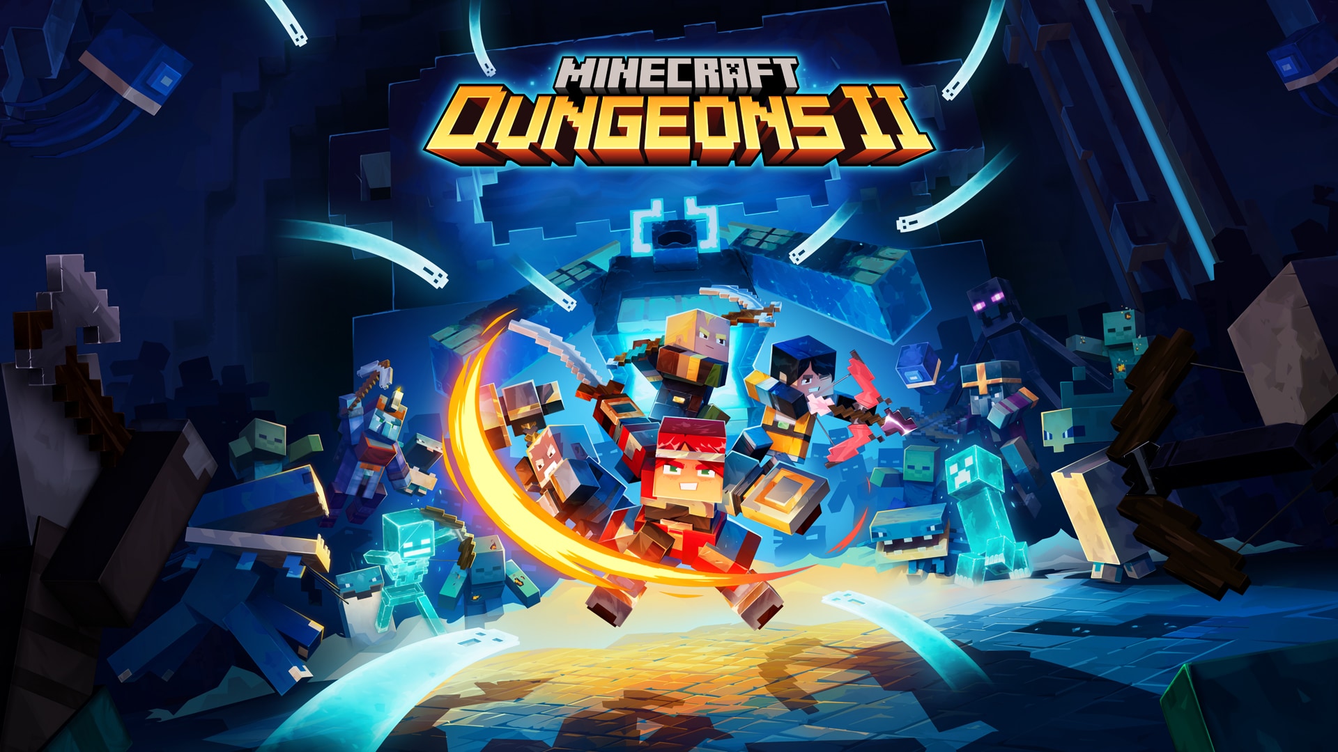 Four confident heroes, each wielding a unique weapon, surrounded by a large group of hostile mobs in a dark setting.