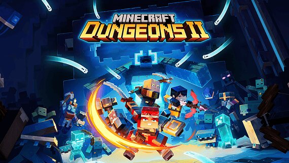 Minecraft Dungeons II logo above heroes battling monsters in a glowing blue dungeon.