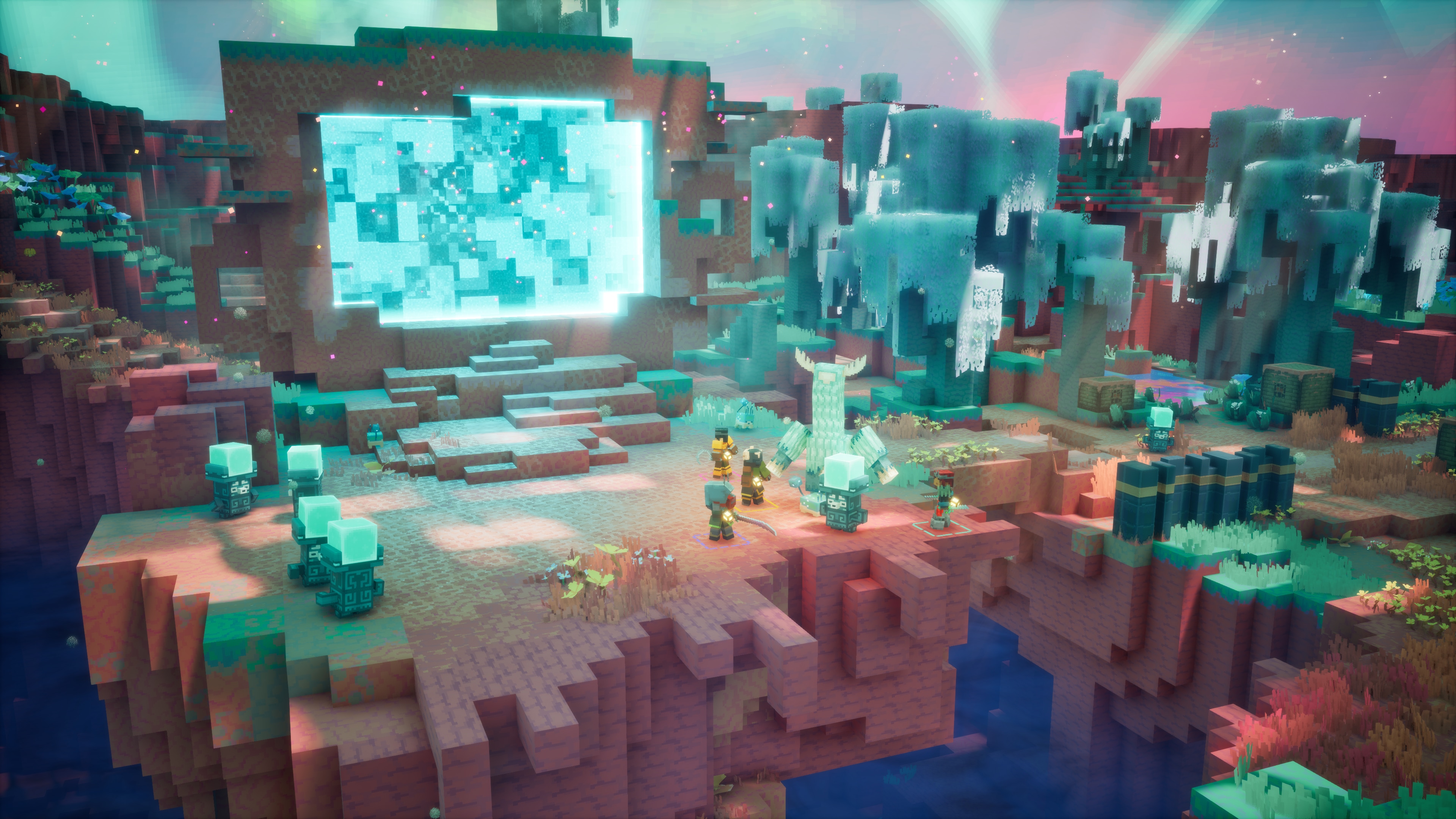 Four players and a singer standing near a glowing portal in the Sift.