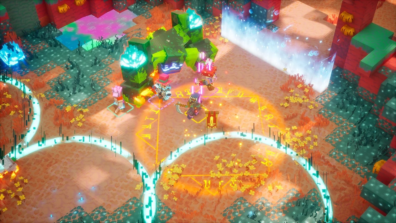 Heroes battle enemies surrounded by colorful combat effects.