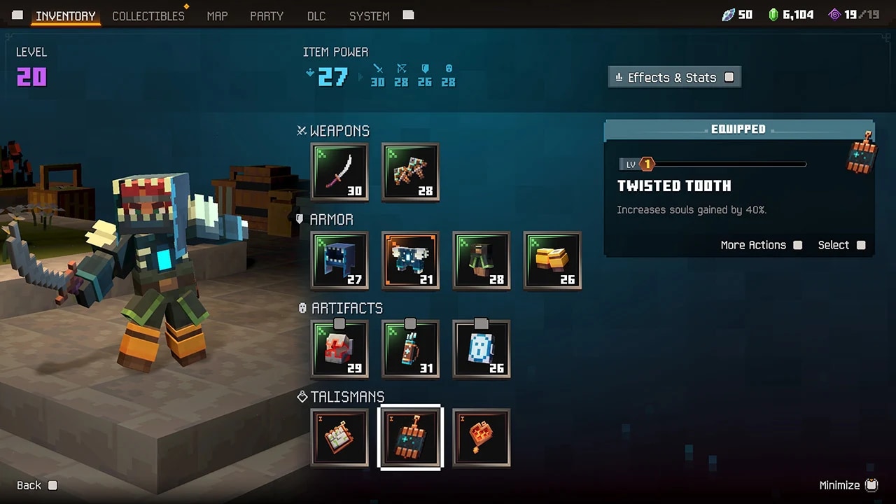 Hero inventory screen showing equipped weapons, armor, artifacts, and enchantments.