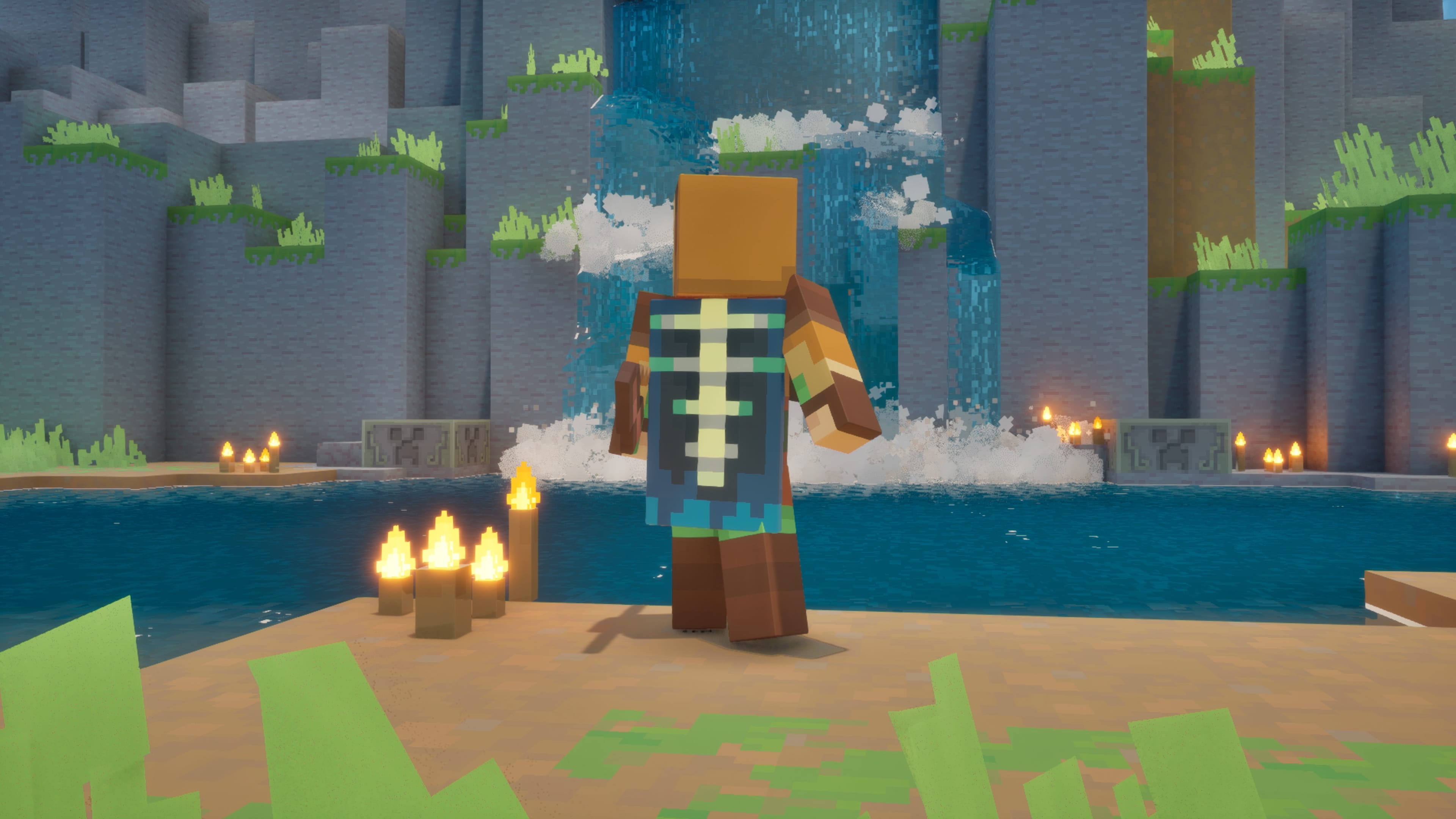 An in-game screenshot of the Alex skin wearing the Twisted Cape in front of a waterfall.