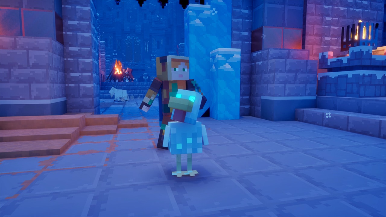 An in-game screenshot of the Alex skin and the Twisted Chicken pet in front of a stone keep.